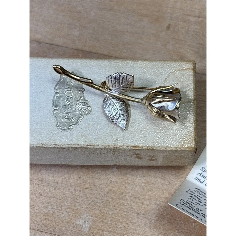 Vintage Giovanni Gold & Silver Plated Rose Brooch Pin w/ Original Box 1960s